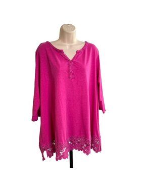 Women’s Pink Tunic Top Crochet Hem 3/4 Sleeve V-Neck Blouse Size 3X u
